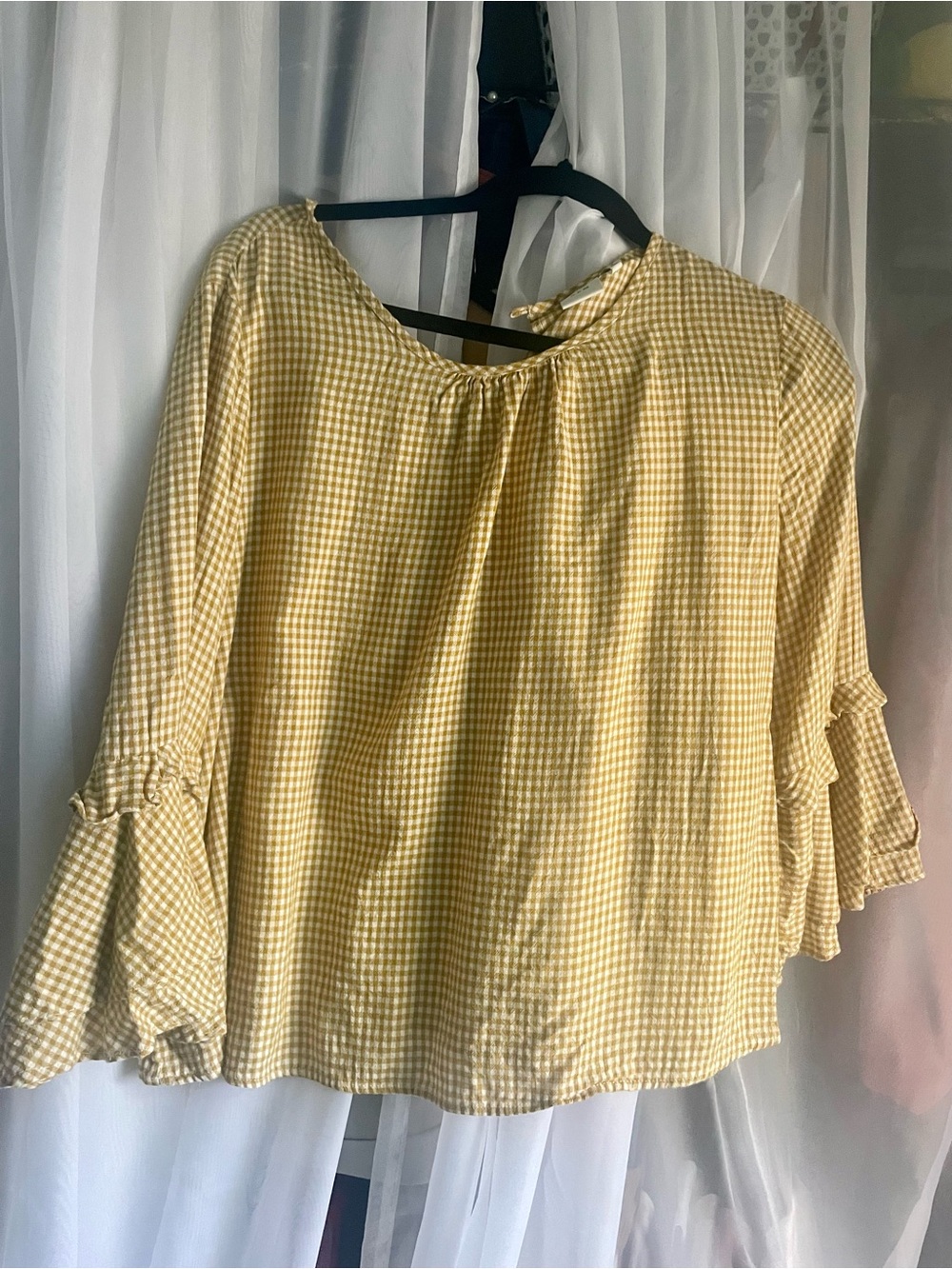 Yellow Gingham Bell-Sleeve Women's Top